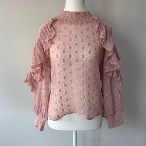 NWOT Gracia Pink Sheer Lace Ruffle Blouse -Size M